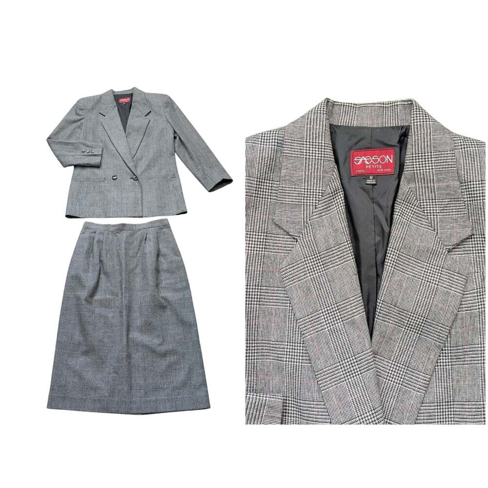 Vintage Sasson Petite Double Breasted Blazer Skirt Suit 2pc 8 Gray Plaid Wool